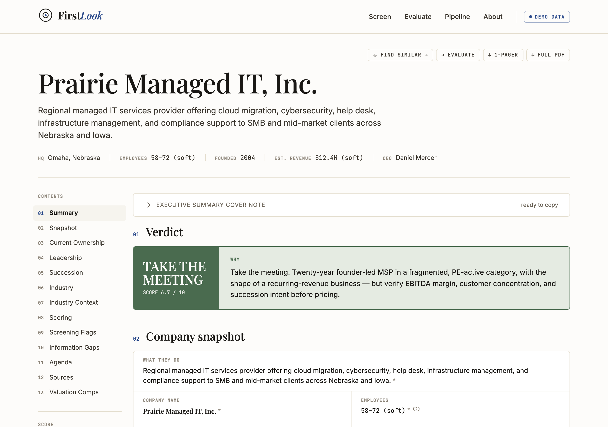 FirstLook brief on a fictional demo company.