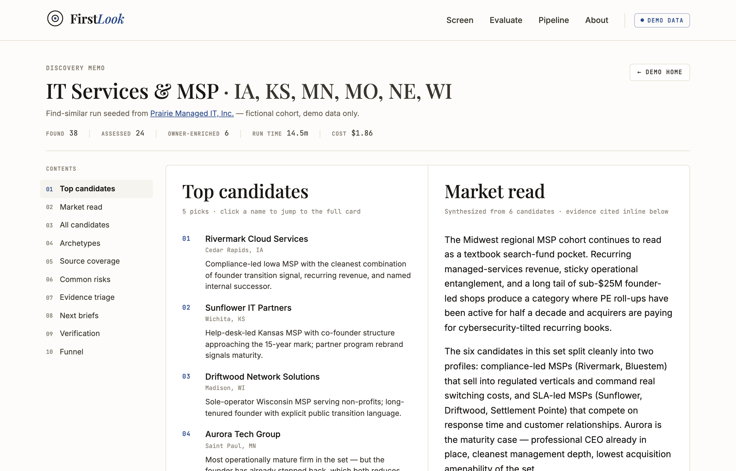 Discovery memo with top candidates and market read.